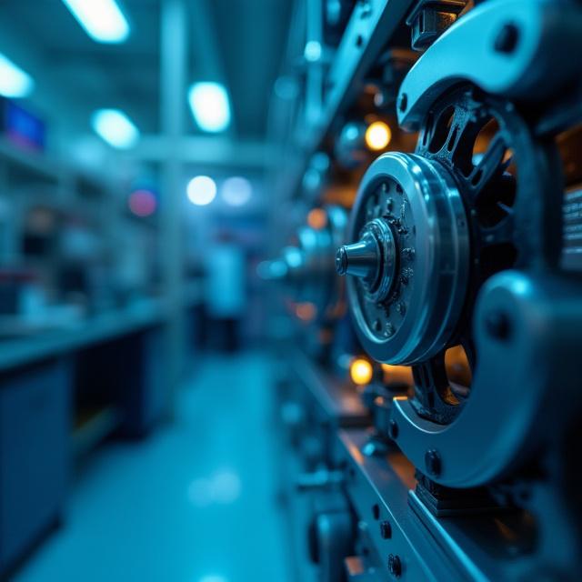 Dettaglio di un macchinario di precisione nel laboratorio di ricerca e sviluppo di Argonauta Verde